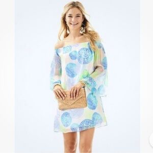 New Lilly Pulitzer Abi Silk Off-Shoulder A-Line Dress MCrinkle Chiffon. Size M.